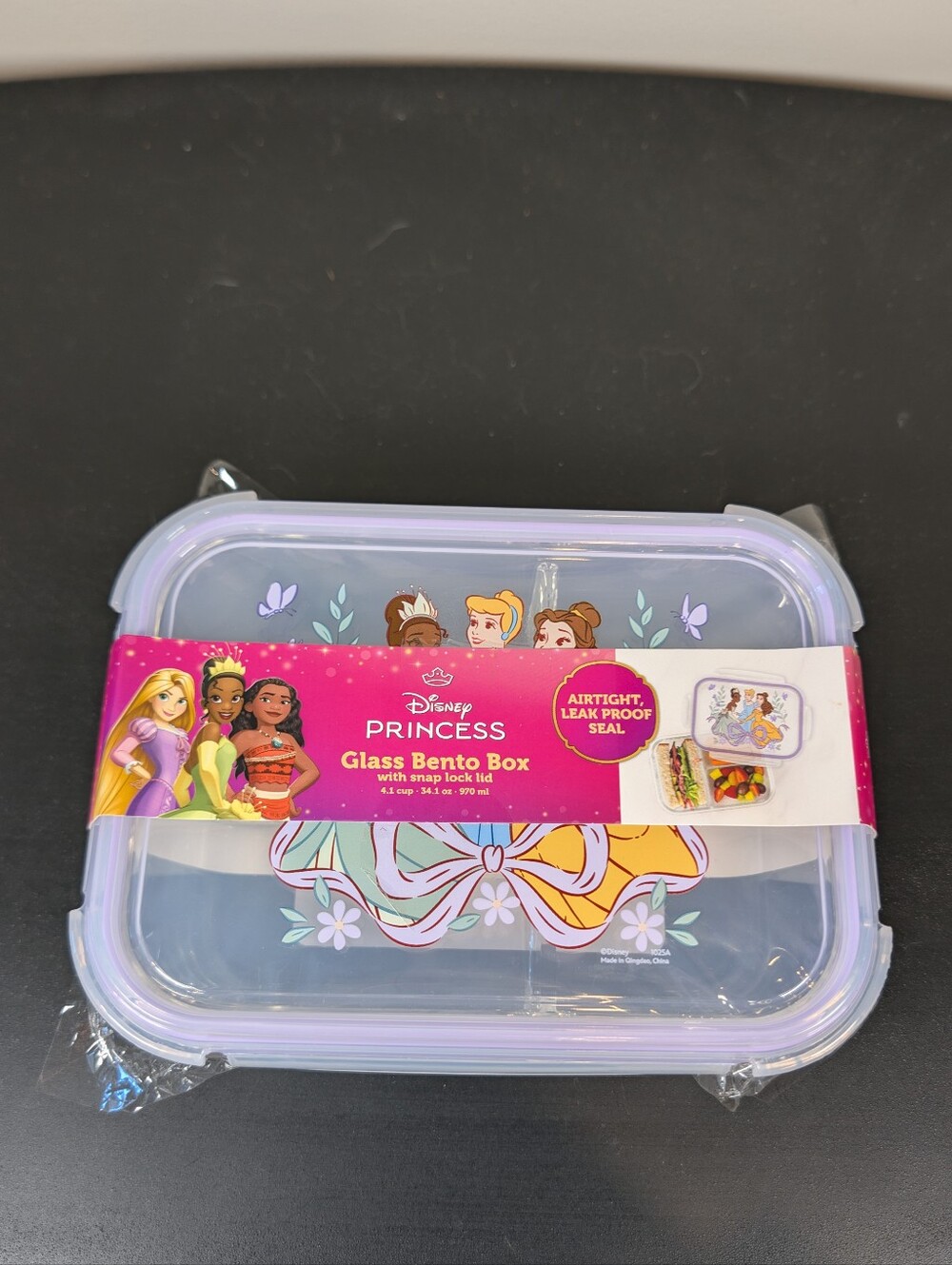 Disney Princess Glass Bento Box 3 Compartment Snap Lock Lid 34.1oz New Sealed